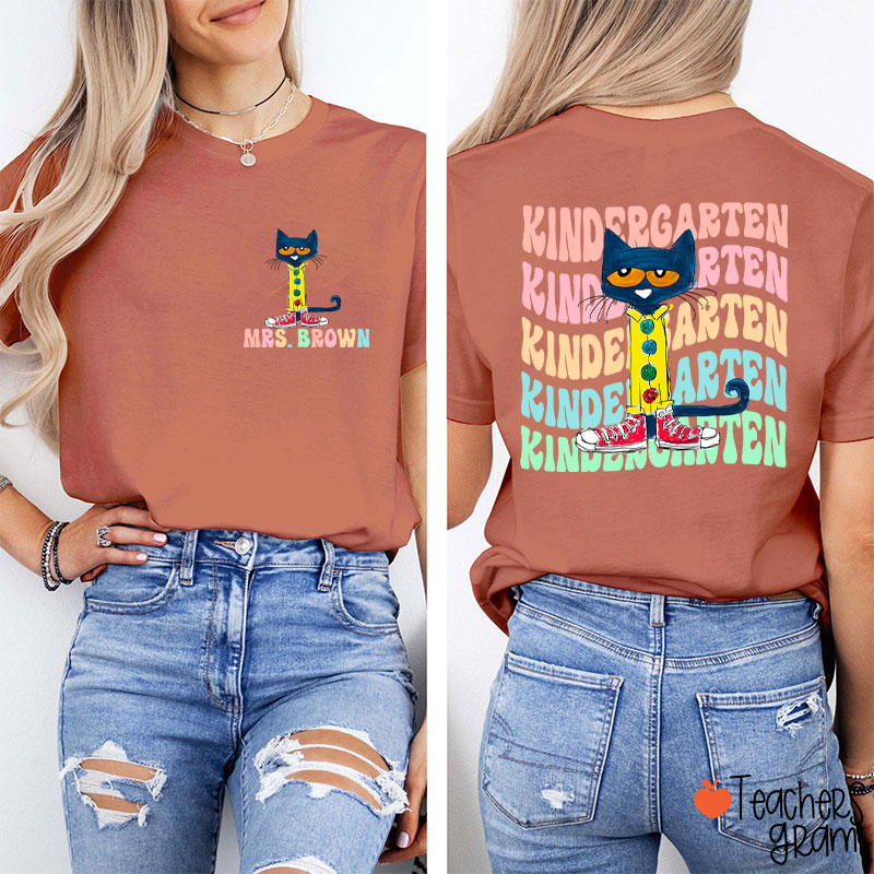 Personalized Name And Grade Cool Blue Cat Teacher Two Sided T-Shirt