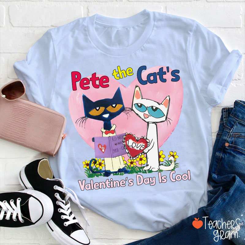 Blue And White Cat Valentine's Day Is Cool Teacher T-Shirt