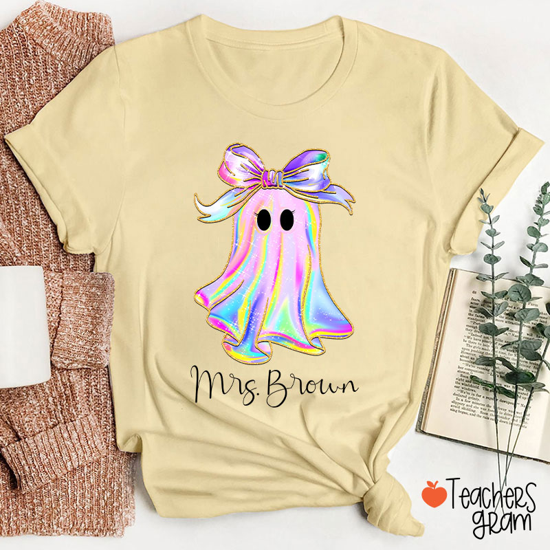 Personalized Name Colorful Neon Bow Ghost Teacher T-Shirt
