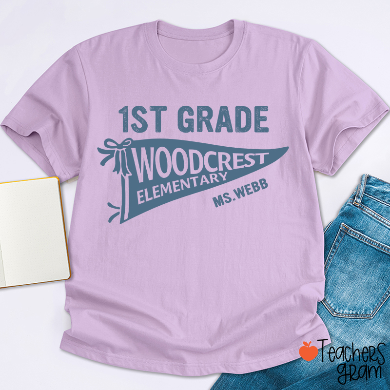 Personalized Grade And School Name Pennant Teacher T-Shirt