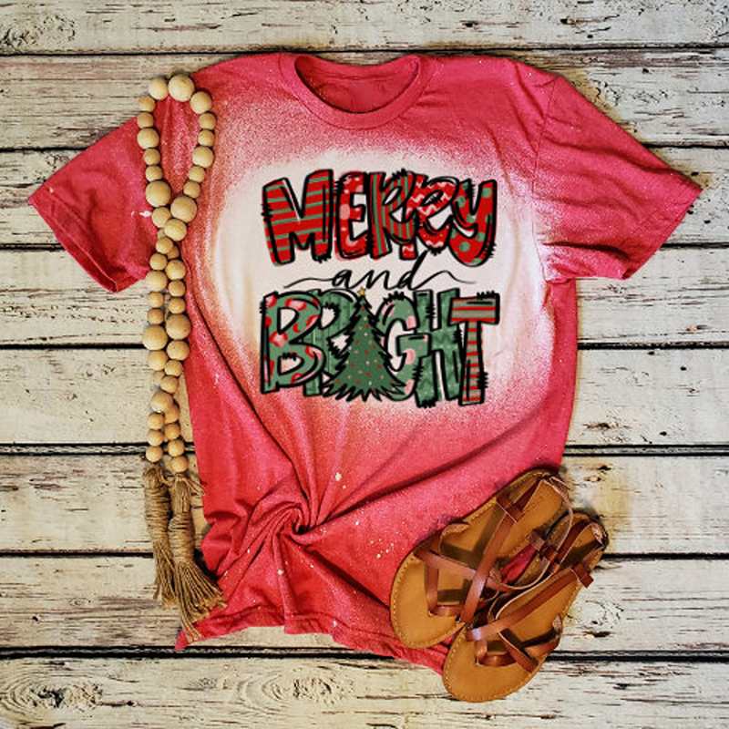 Merry And Bright Christmas Tree Teacher Printed T-Shirt