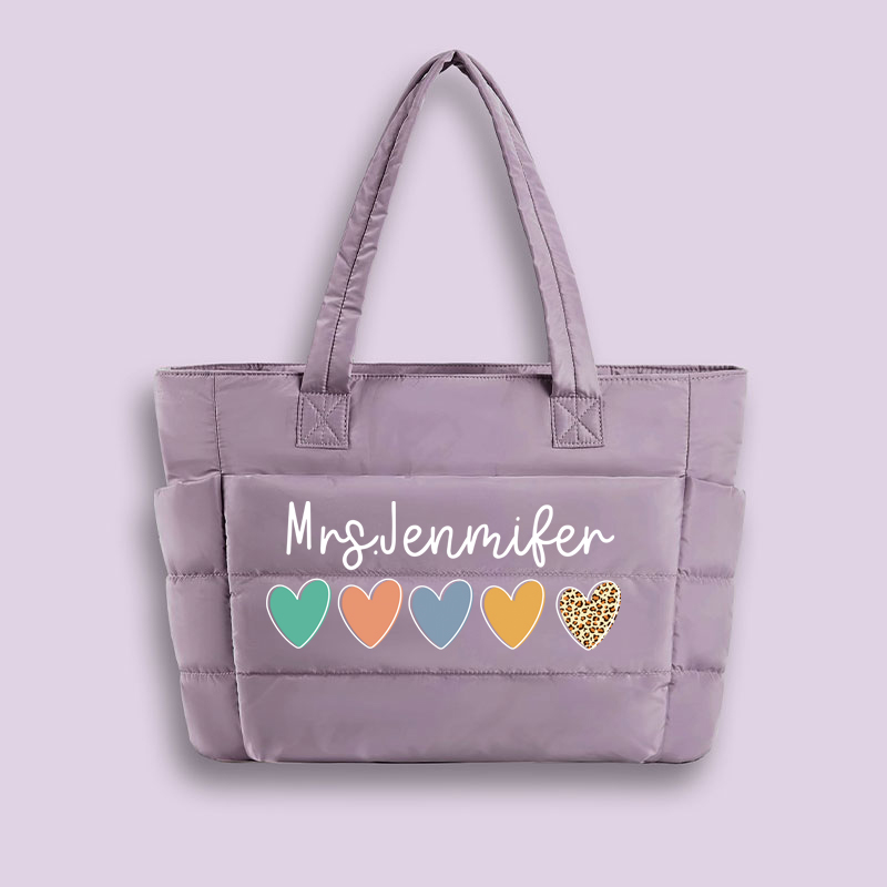 Personalized Colorful Love Teacher Puffy Tote Bag