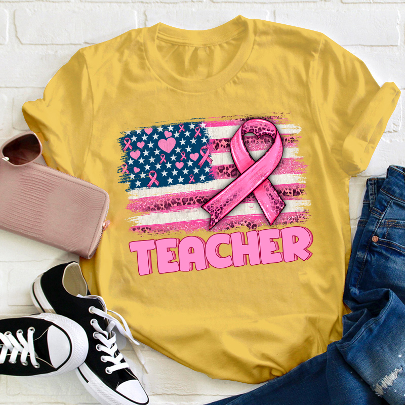Personalized American Flag With Pink Ribbon Teacher T-Shirt