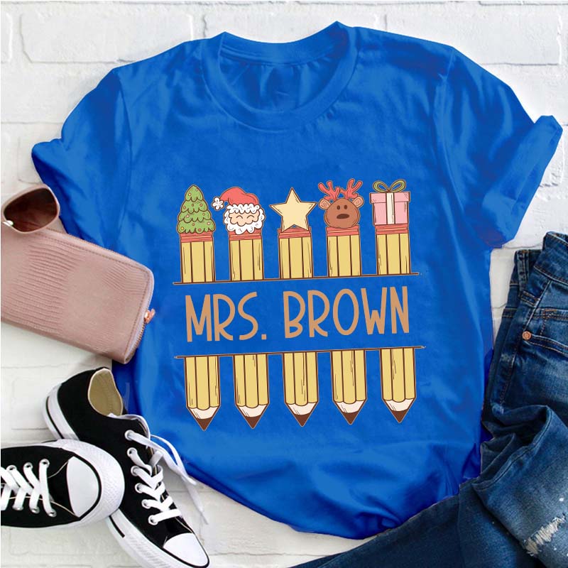 Personalized Name Christmas Pencils Teacher T-Shirt