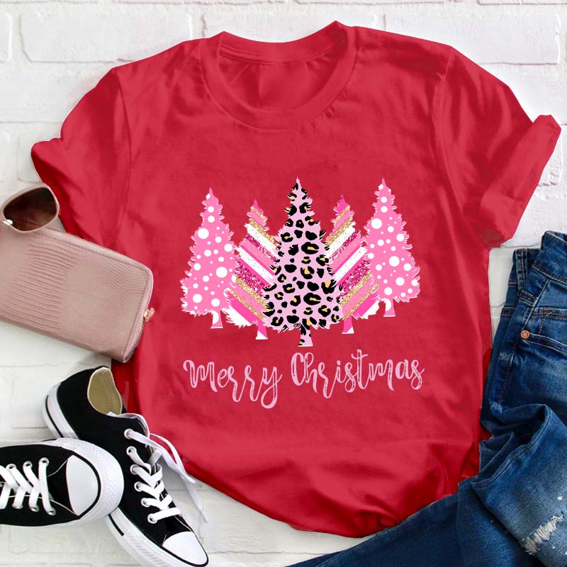 Merry Christmas Pink Christmas Trees Teacher T-Shirt