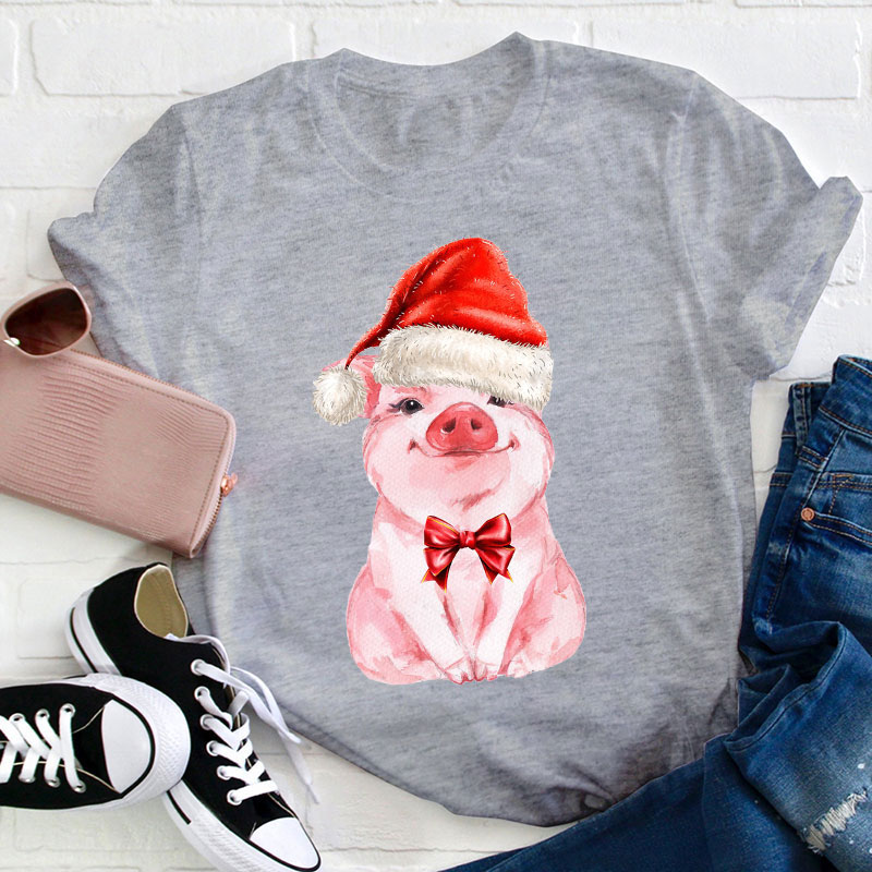 Cute Pig Wearing Christmas Hat Teacher T-Shirt