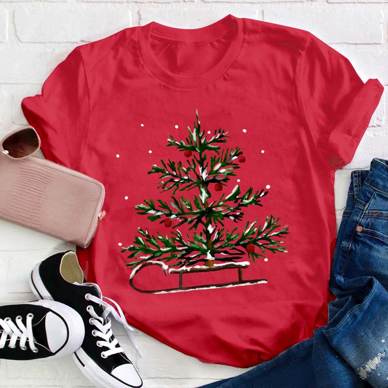 Christmas Tree Sleigh Teacher T-Shirt