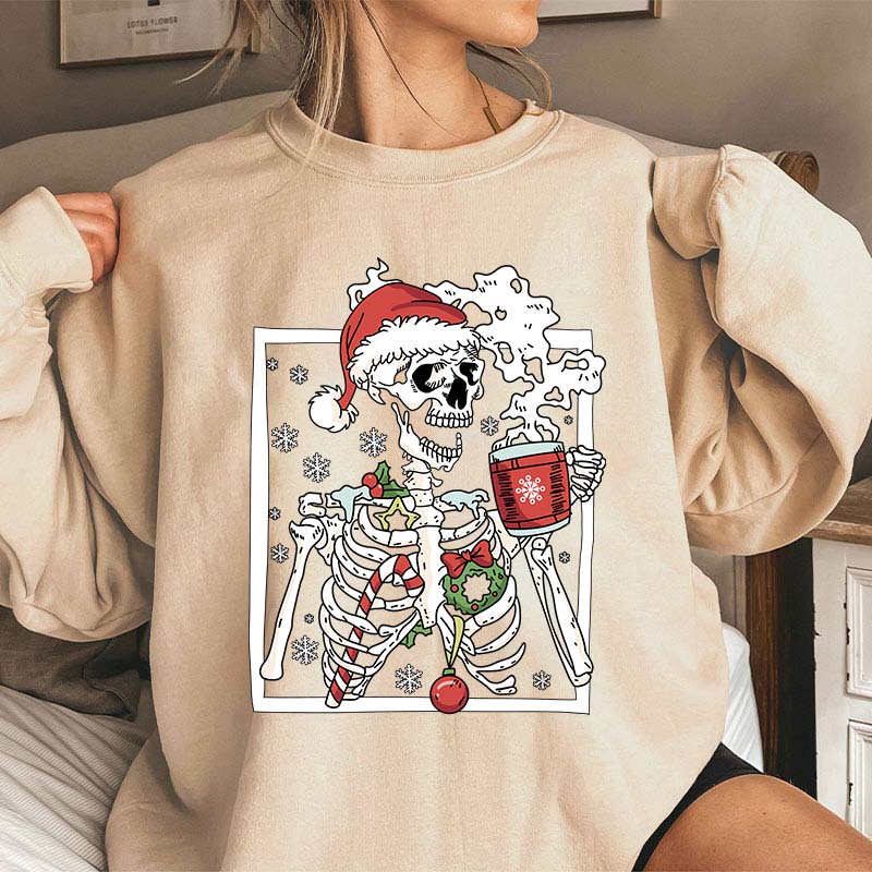 Skeleton With Smiling Skull Drinking Coffee Latte Teacher Sweatshirt