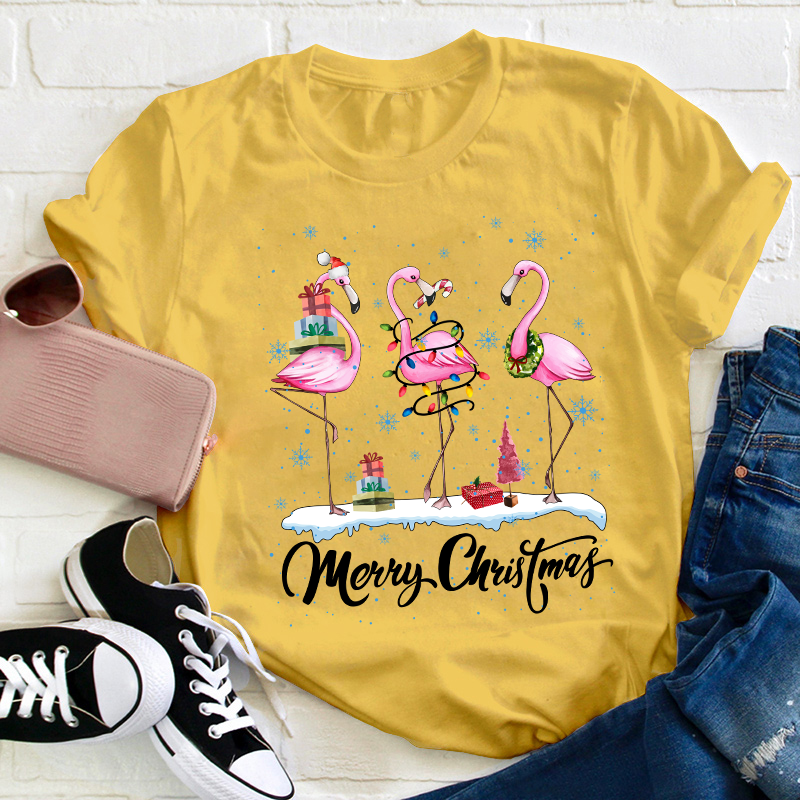 Pink Flamingo Merry Christmas Teacher T-Shirt