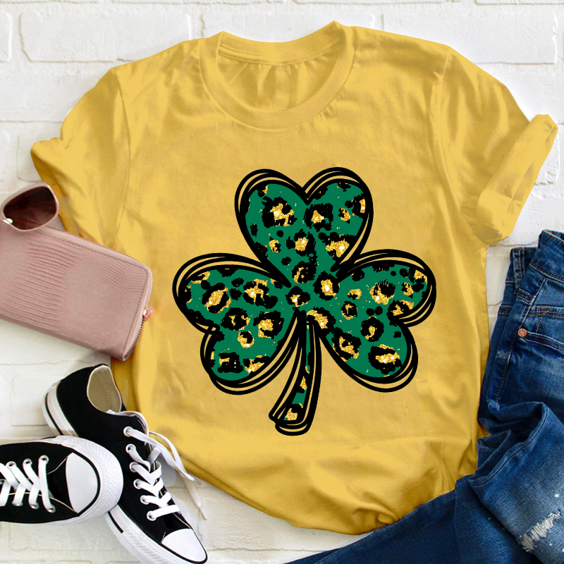 Leopard Glitter Shamrock Teacher T-Shirt
