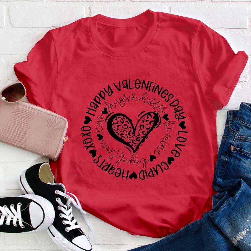 Happy Valentine's Day Leopard Circle Teacher T-Shirt