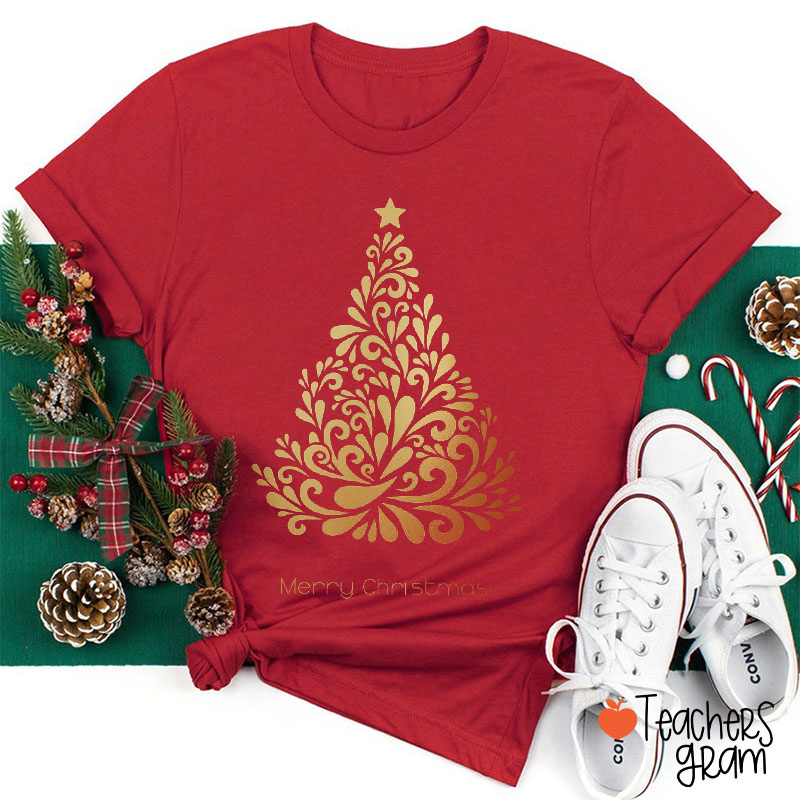 Merry Christmas Flower Pattern Christmas Tree Teacher T-Shirt