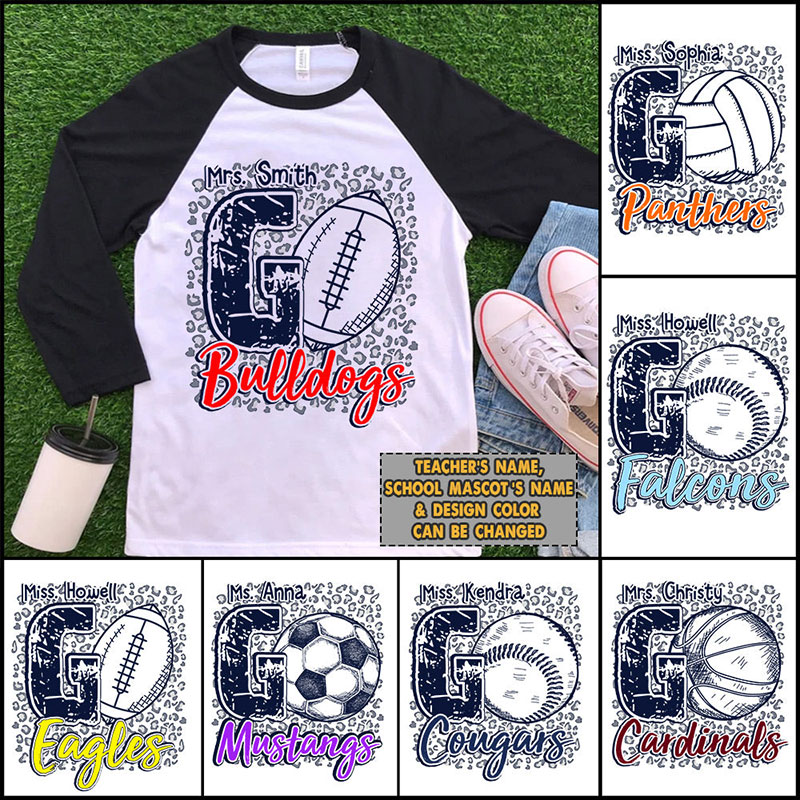 Personalized Gray Leopard Print Background Go Team Teacher T-Shirt