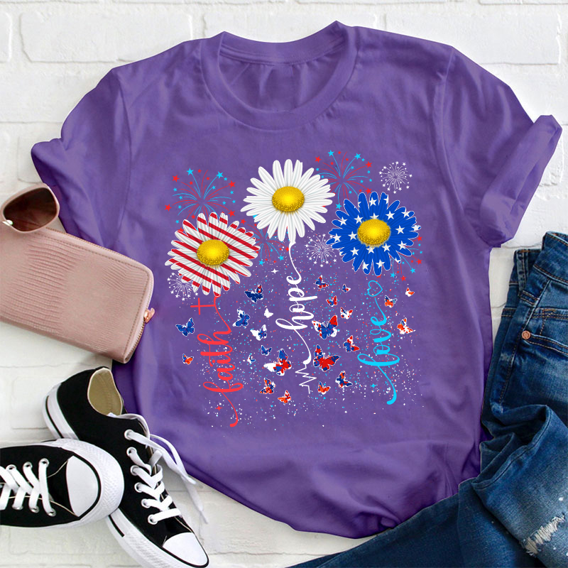 Faith Hope Love Flag Sunflower Teacher T-Shirt