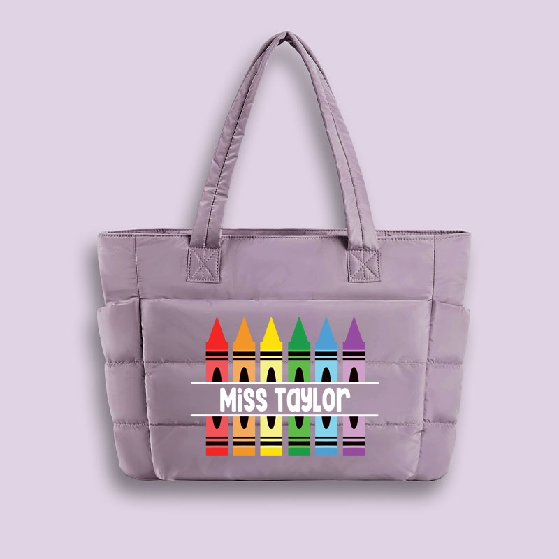 Personalized Pencil Crayon Teacher Puffy Tote Bag