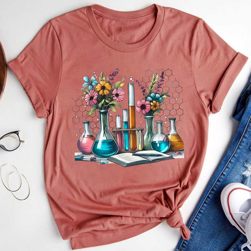 Floral Beakers Science Teacher T-Shirt