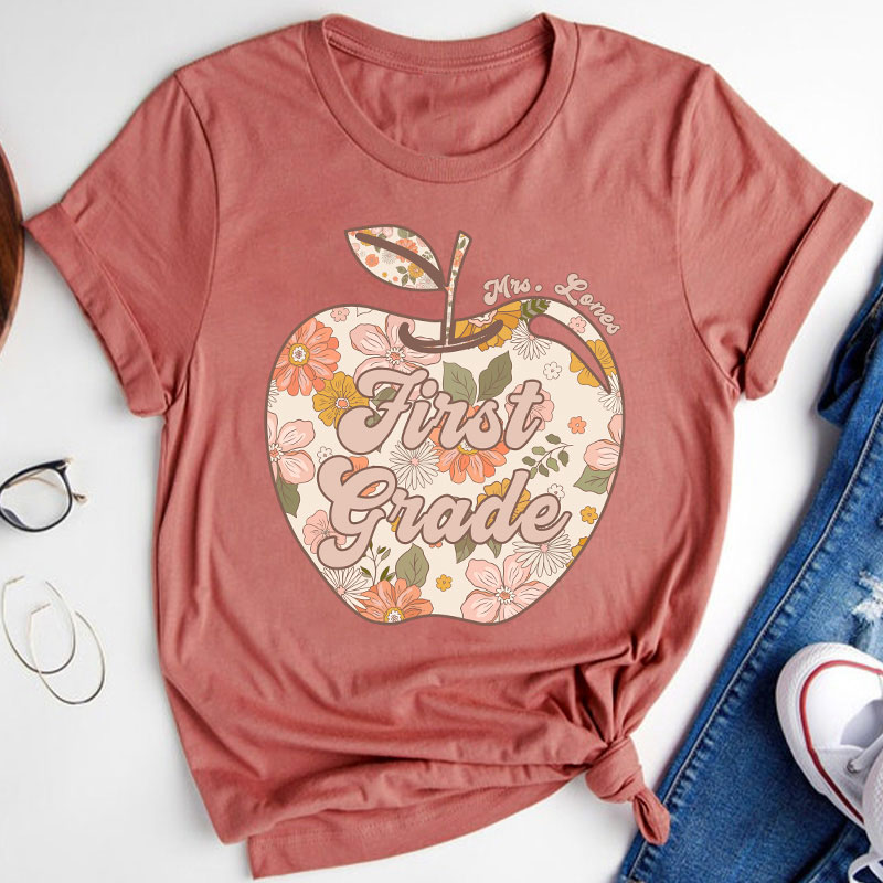 Personalized Vintage Floral Print Apple Teacher T-Shirt