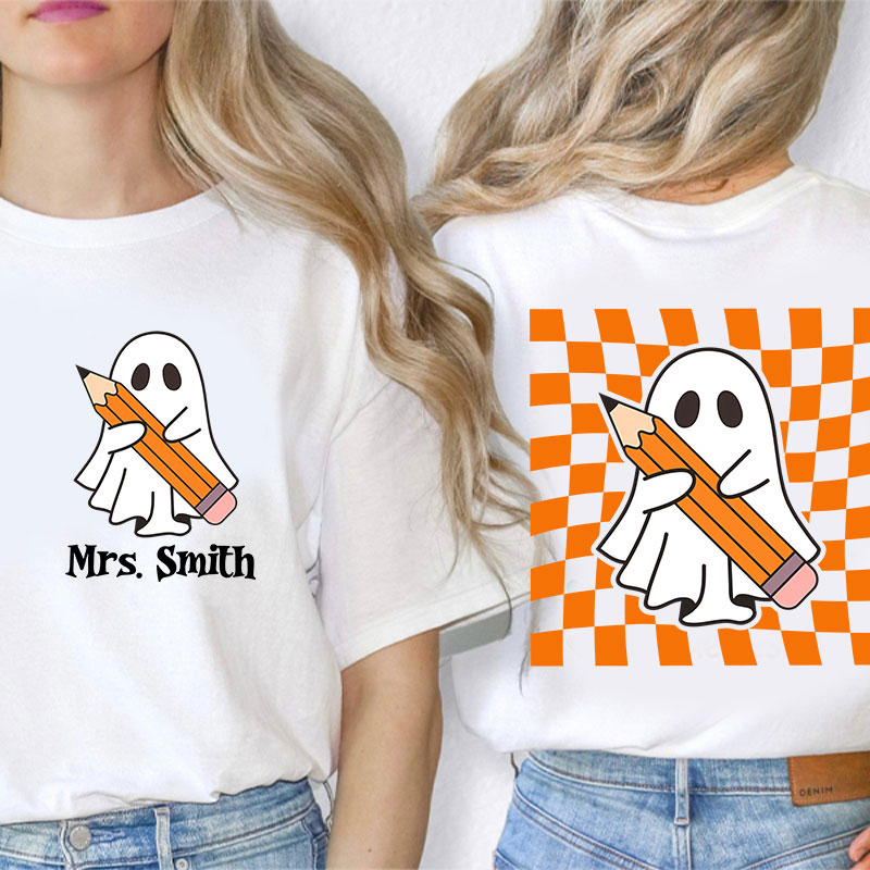 Personalized Name Cute Ghost Teacher Two Sided T-Shirt