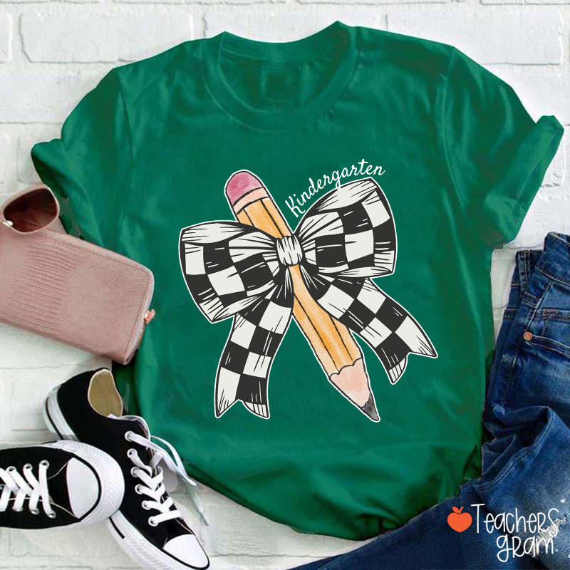 Personalized Grade Checkered Bow Pencil Teacher T-Shirt
