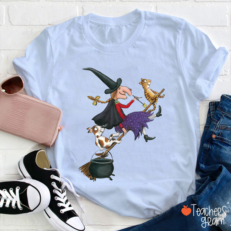 Witch Dog Cat Dark Gothic Halloween Teacher T-Shirt