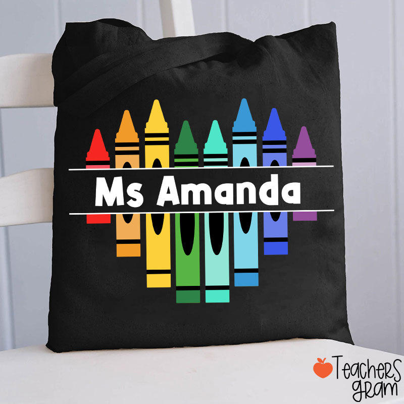 Personalized Name Colorful Crayons Teacher Tote Bag