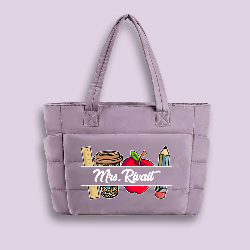 Personalized Pink Rainbow It Takes A Big Heart To Shape Little Minds Teacher Puffy Tote Bag