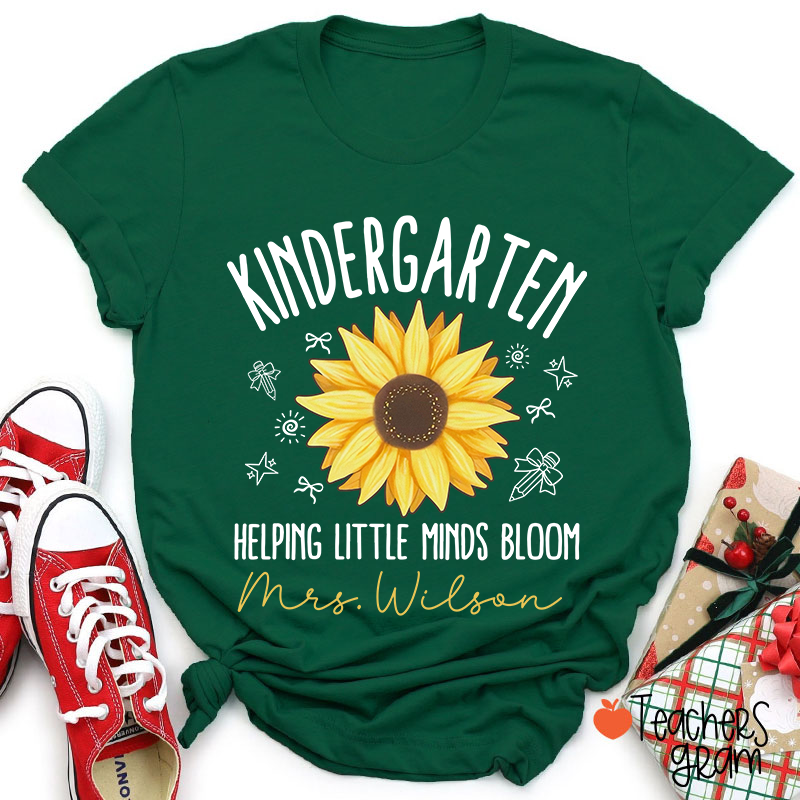 Personalized Grade And Name Helping Little Minds Bloom Teacher T-Shirt