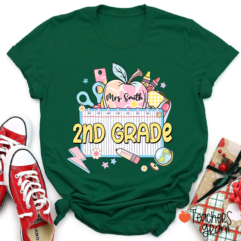 Personalized Grade And Name Apple Notebook Teacher T-Shirt