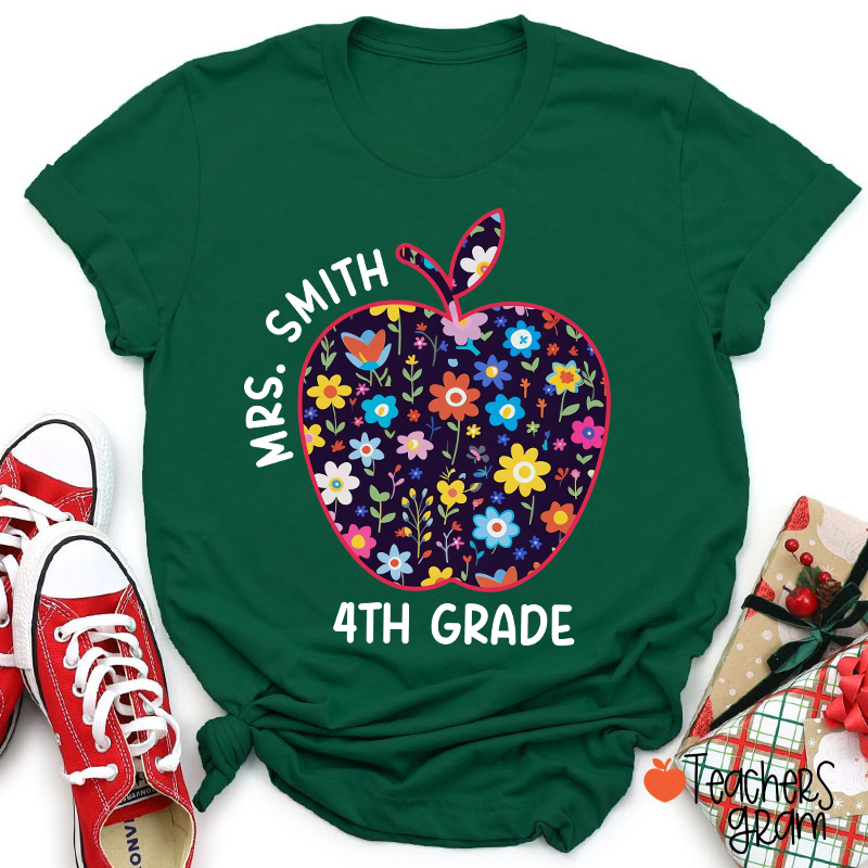 Personalized Grade And Name Blue And White Porcelain Apple Teacher T-Shirt