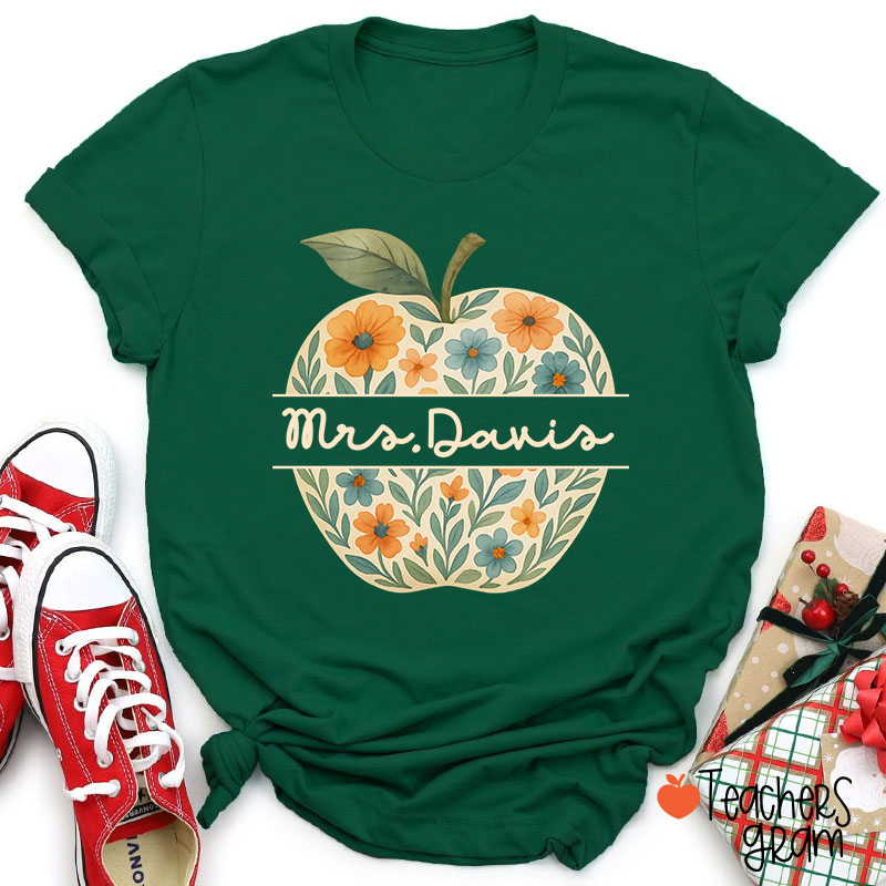 Personalized Name Vintage Floral Apple Teacher T-Shirt