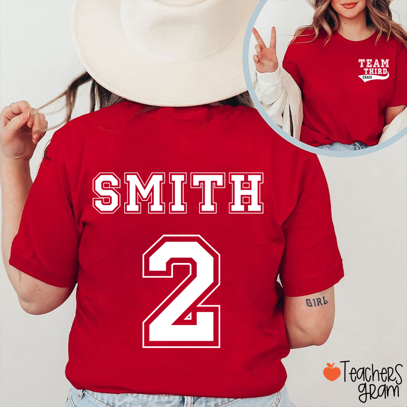 Personalized Retro Style Grade And Name Teacher Two Sided T-Shirt
