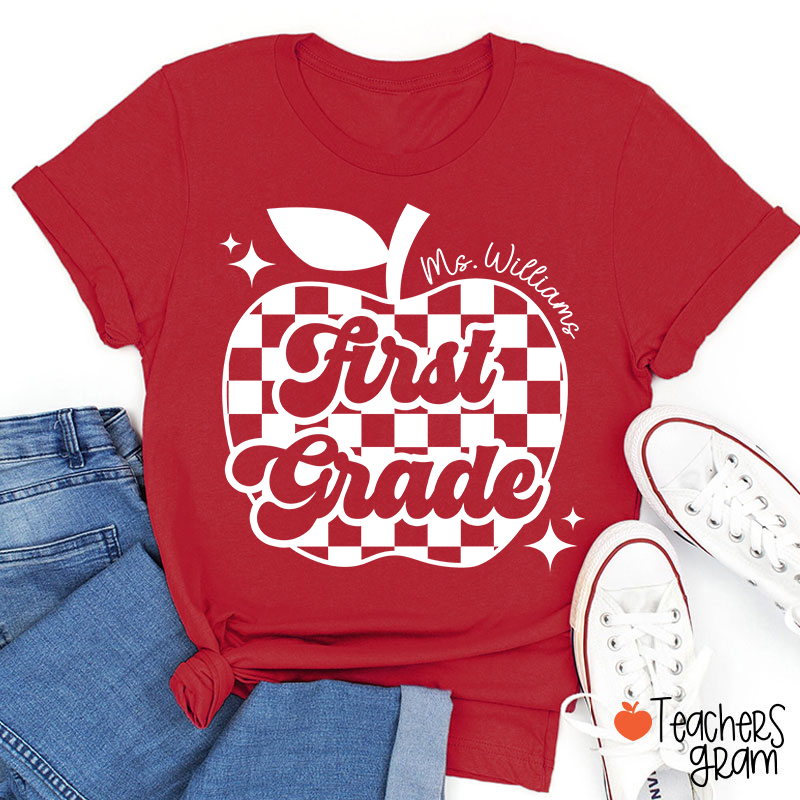 Personalized Black And White Checkerboard Apple And Name Teacher T-Shirt