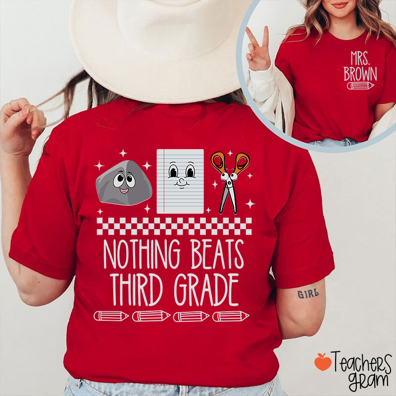 Personalized Grade Name Pencil Rock Checkerboard Notebook Scissors Teacher Two Sided T-Shirt