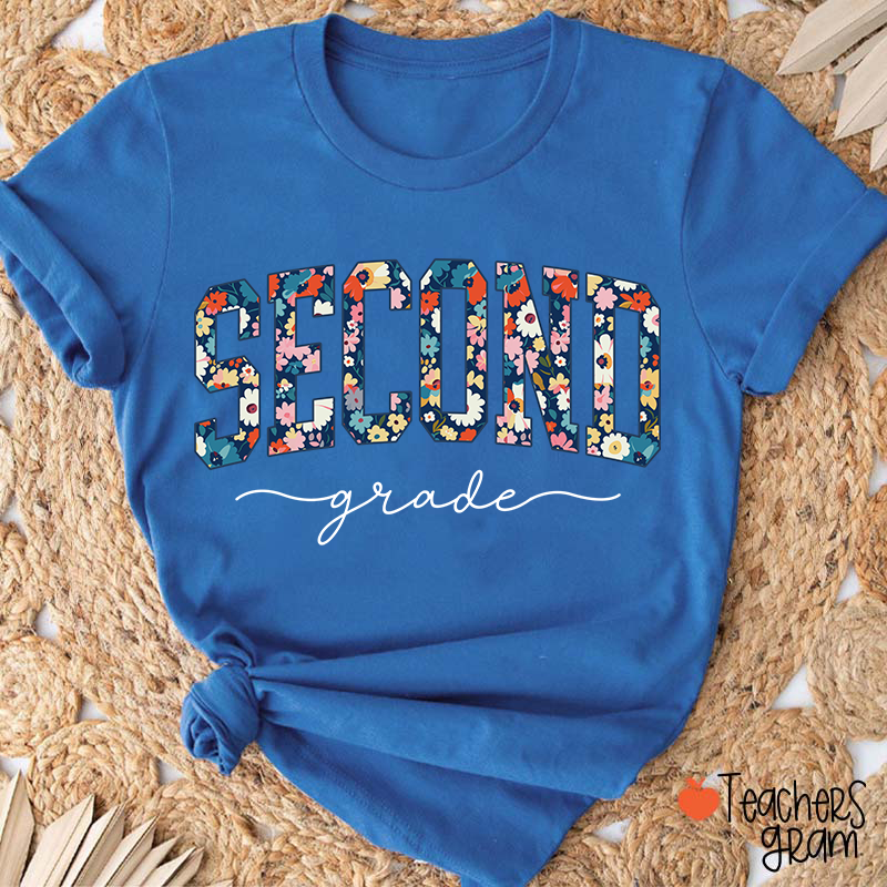 Personalized Grade Blue Floral Teacher T-Shirt