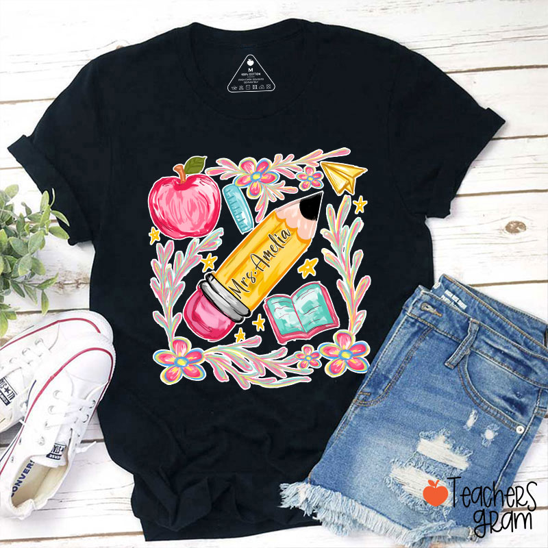 Flowers Pencil Apple Book Star Teacher T-Shirt