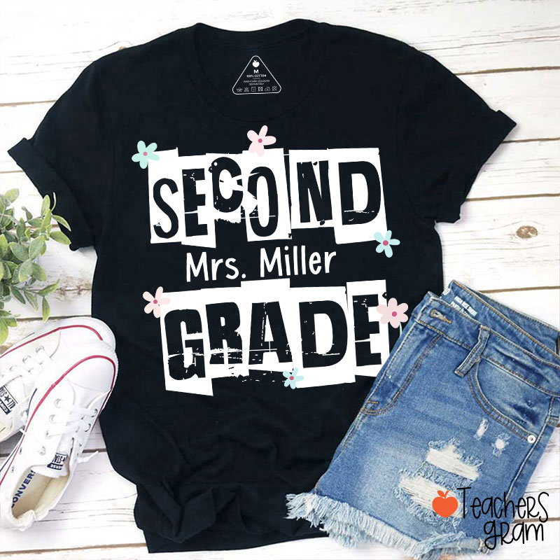 Personalized Grade Name Hollow Monochrome Flowers Teacher T-Shirt