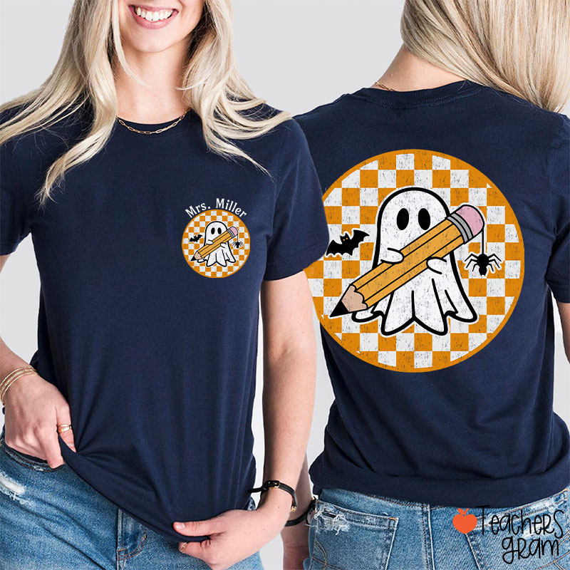 Personalized Name Circle Checkered Ghost Teacher Two Sided T-Shirt