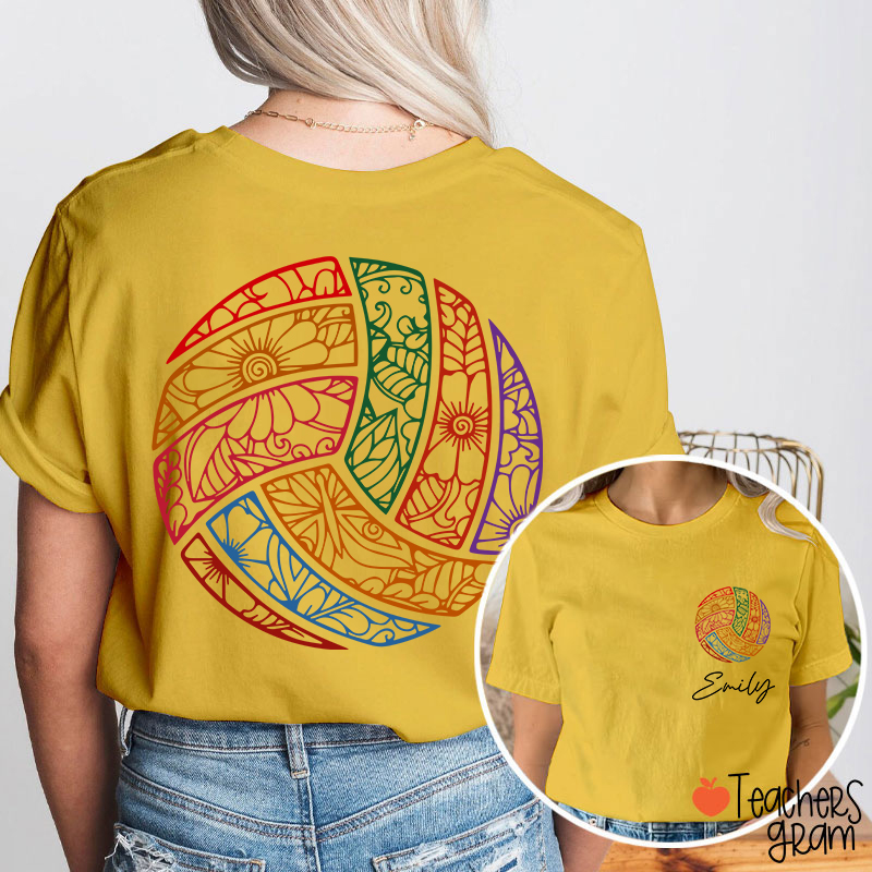 Personalized Name Floral Volleyball Game Day Teacher Two Sided T-Shirt