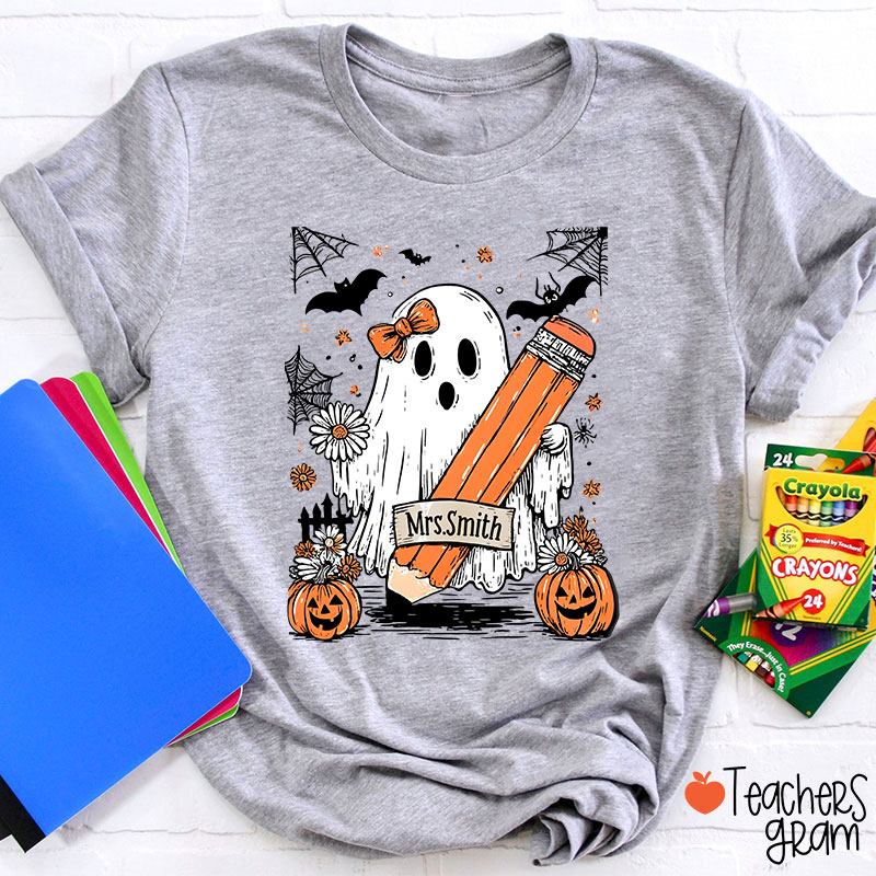 Personalized Name Cute Ghost Floral Halloween Teacher T-Shirt