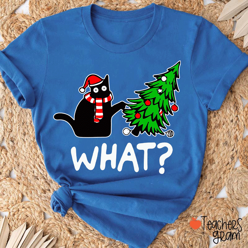 Cat Pushes Christmas Tree Teacher T-Shirt