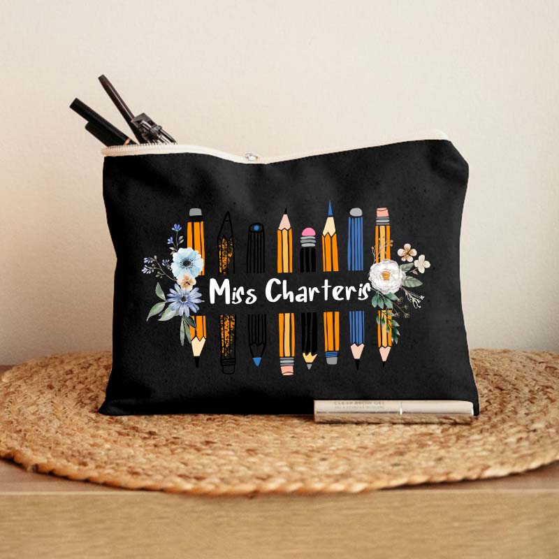 Personalized Name Colored Pencil Flowers Teacher Makeup Bag
