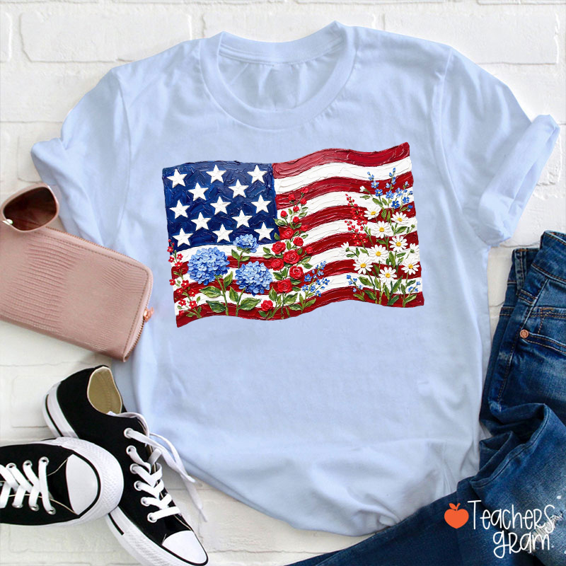Floral American Flag Teacher T-Shirt