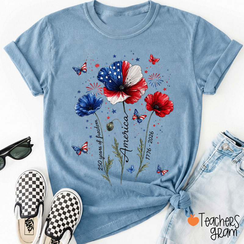 4th Of July 250 Years Of Freedom Floral Teacher T-Shirt