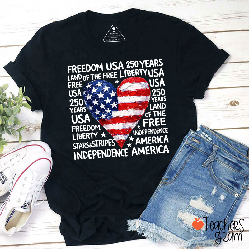 Heart Shaped American Flag Teacher T-Shirt