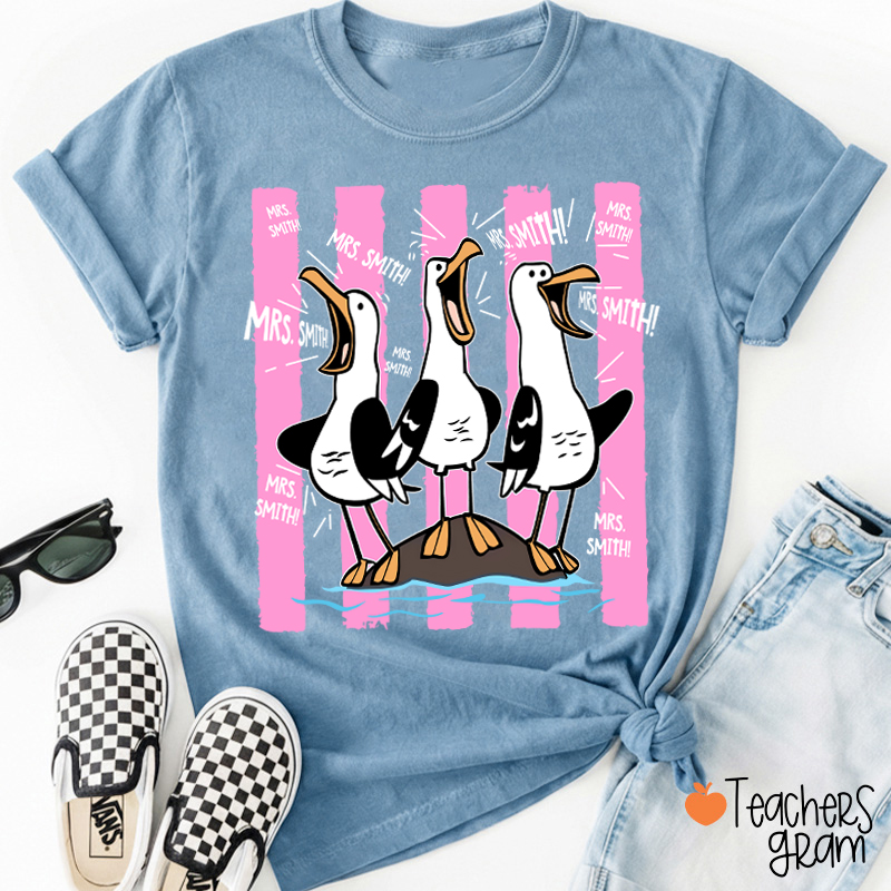 Personalized Pink Stripes Seagull Meme Teacher T-Shirt