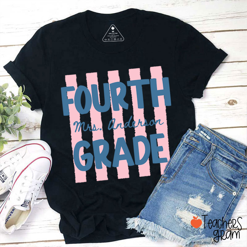 Personalized Name And Grade Preppy Stripes Teacher T-Shirt