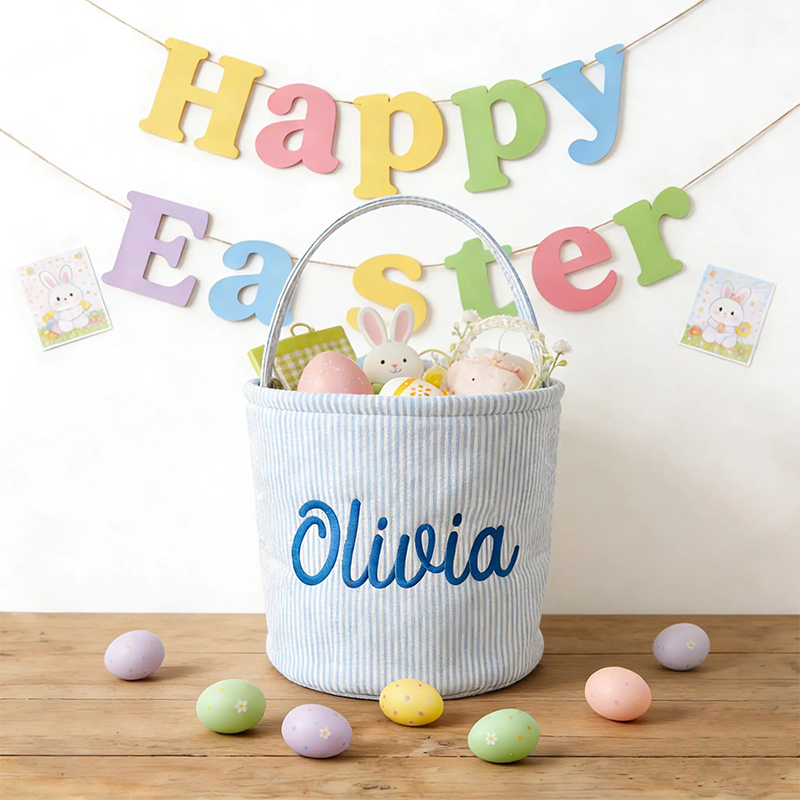 Personalized Faux Embroidered Easter Seersucker Teacher Basket