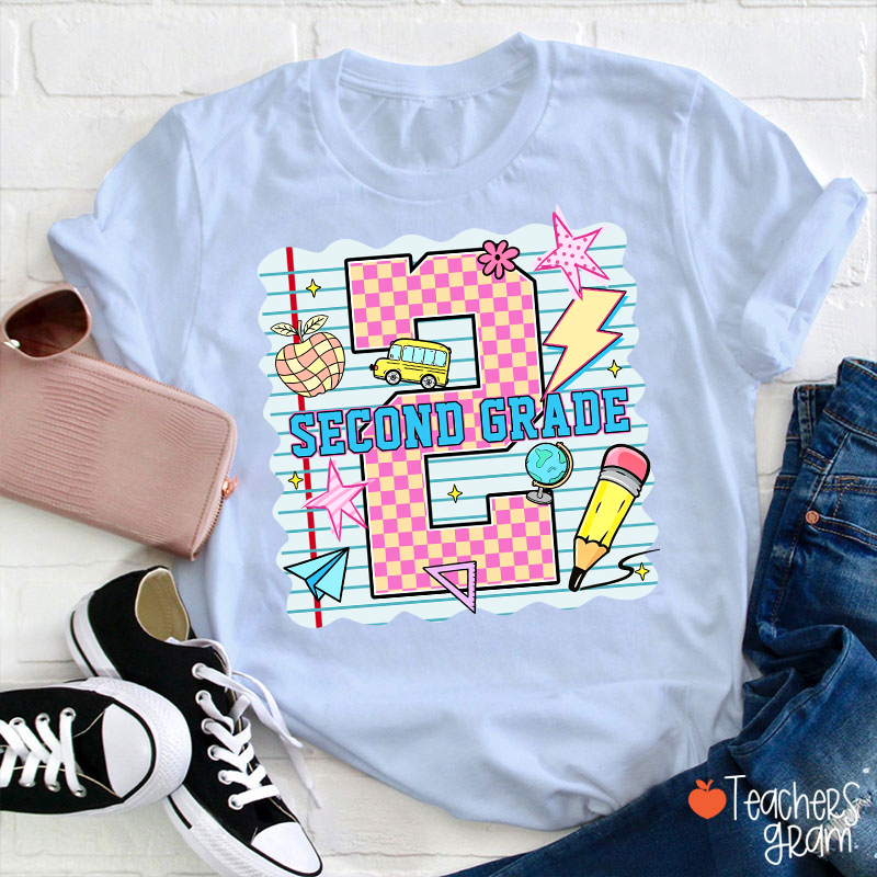 Personalized Pink Plaid And Notebook Style Teacher T-Shirt