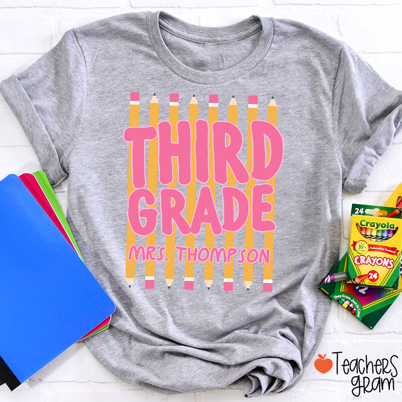 Personalized Name And Grade Pencil Stripes Teacher T-Shirt