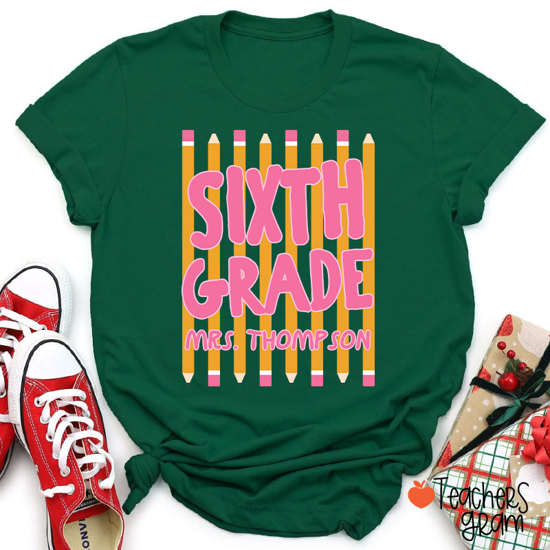 Personalized Name And Grade Pencil Stripes Teacher T-Shirt